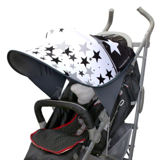Дизайнерски двулицев сенник за бебешка количка с UV защита - Black & White Stars