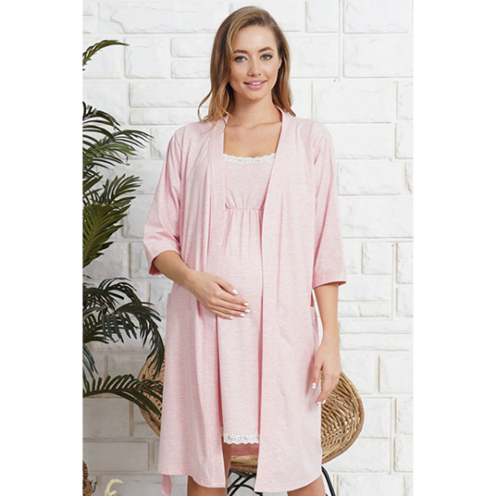 Комплект нощница с халат за бременни и кърмачки - Melange - Розов