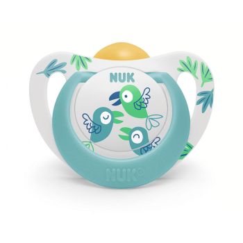 Каучукова залъгалка 6-18 м. синя с птички NUK Star + кутийка
