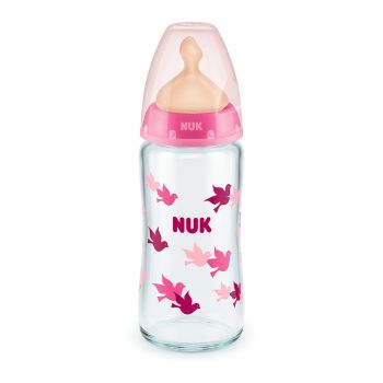 Бебешко стъклено шише с каучуков биберон First Choice 240 мл. Temperature Control 0-6 м. Pink - NUK