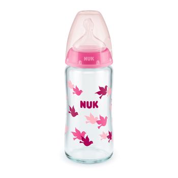 Бебешко стъклено шише със силиконов биберон First Choice 240 мл. Temperature Control 0-6 м. Pink - NUK