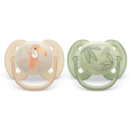 Комплект от 2 броя ортодонтични залъгалки, Ultra Soft 0-6м, Philips AVENT - Тукан и Листа