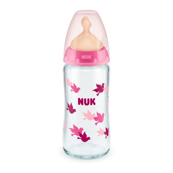 Бебешко стъклено шише с каучуков биберон First Choice 240 мл. Temperature Control 0-6 м. Pink - NUK