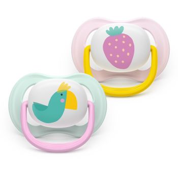 Комплект от 2 броя ортодонтски залъгалки, Ultra Air Happy 0-6m, Philips AVENT -  Папагал/Ягода