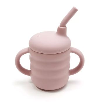 Силиконова чашка със сламка - розов