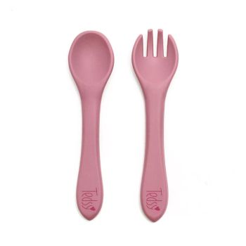 Силиконови прибори виличка и лъжичка - Тъмно Розов