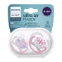 Комплект от 2 броя ортодонтични залъгалки, Ultra Air Happy 0-6m+, Philips AVENT - надпис Love и Пеперуда