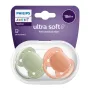 Комплект от 2 броя ортодонтични залъгалки, Ultra Soft 18m+, Philips AVENT - Зелено и Оранжево