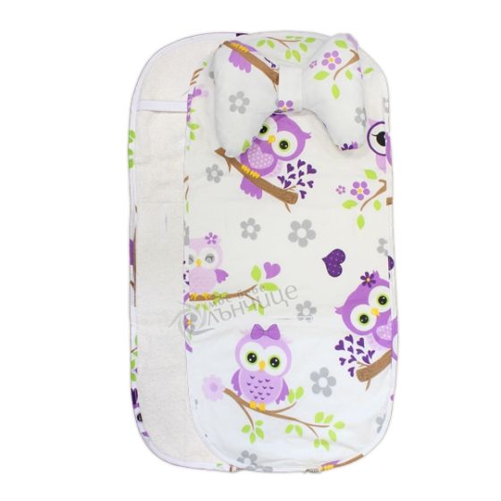 Подложка за количка с възглавница и хавлиен гръб - Бухалчета