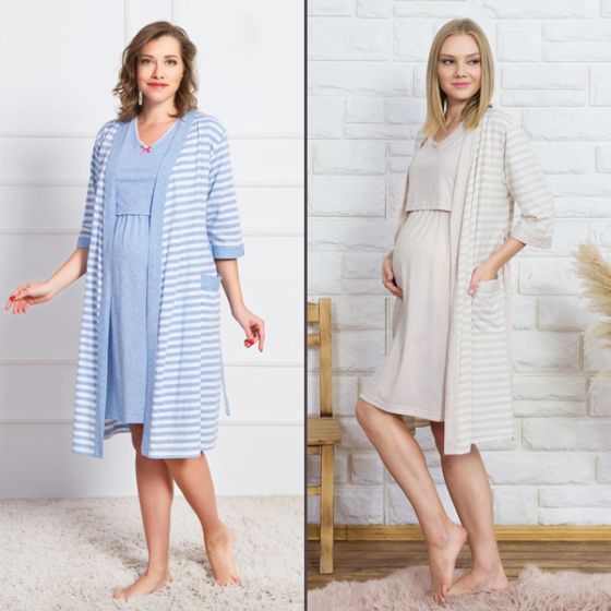 Нощница за бременни и кърмачки с къс ръкав и халат