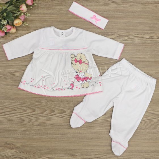 Бебешки комплект от три части - Cute bear girl - бял