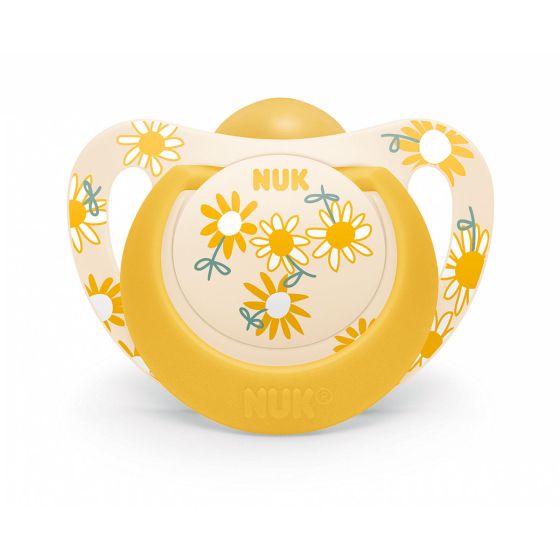 Каучукова залъгалка 6-18 м. жълта с цветя NUK Star + кутийка