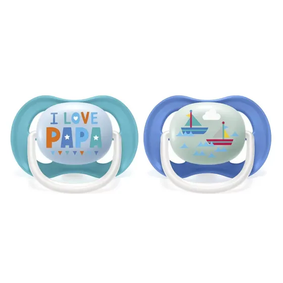 Комплект от 2 броя ортодонтични залъгалки, Ultra Air Happy 6-18m+, Philips AVENT - Надпис и Лодка
