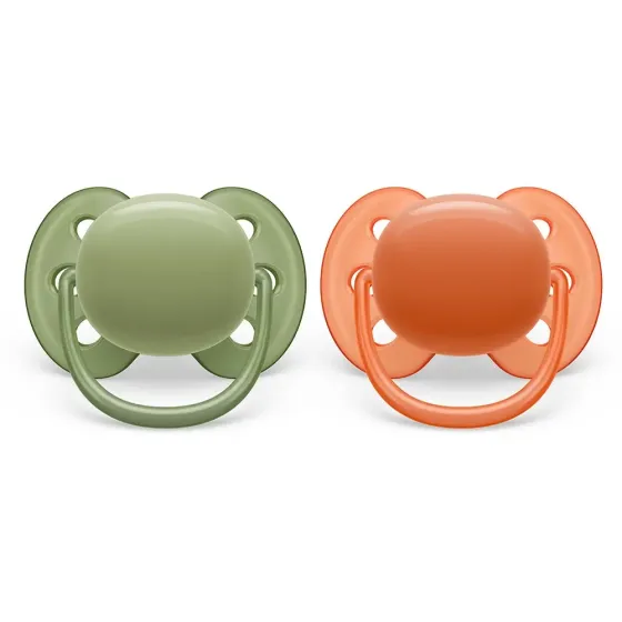 Комплект от 2 броя ортодонтични залъгалки, Ultra Soft 18m+, Philips AVENT - Зелено и Оранжево