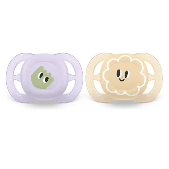 Комплект от 2 броя ортодонтични залъгалки за новородени, Ultra Start 0-2м, Philips AVENT - дизайн очички - Лилаво и Оранжево