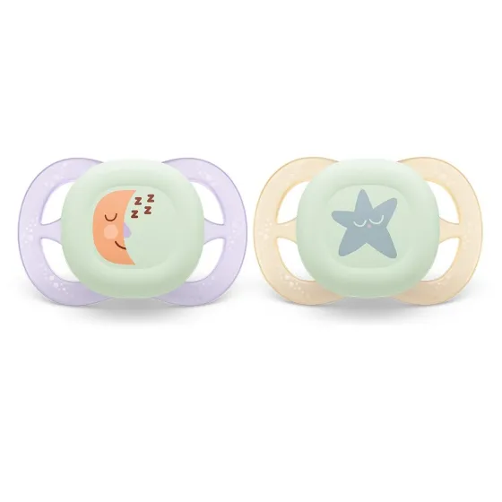 Комплект от 2 броя ортодонтични залъгалки за новородени, Ultra Start Night 0-2м, Philips AVENT - дизайн Луна и Звезда