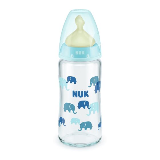 Бебешко стъклено шише с каучуков биберон First Choice 240 мл. Temperature Control 0-6 м. Blue - NUK