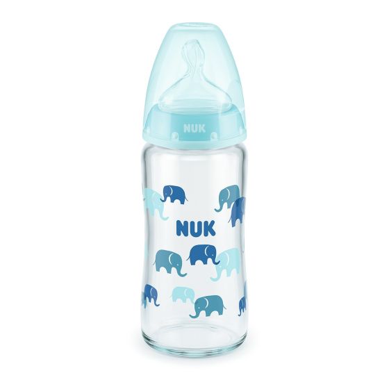 Бебешко стъклено шише със силиконов биберон First Choice 240 мл. Temperature Control 0-6 м. Blue - NUK