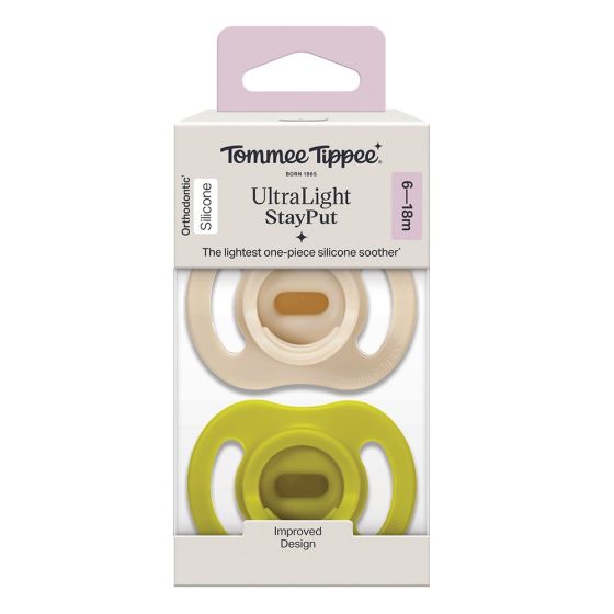 Комплект от 2 броя ортодонтични залъгалки Ultra Light Stay Put - Tommee Tippee Зелен/Кремав 6-18м