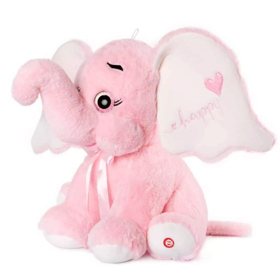 Плюшена играчка Слон със сърце и звук - Розов 25 см